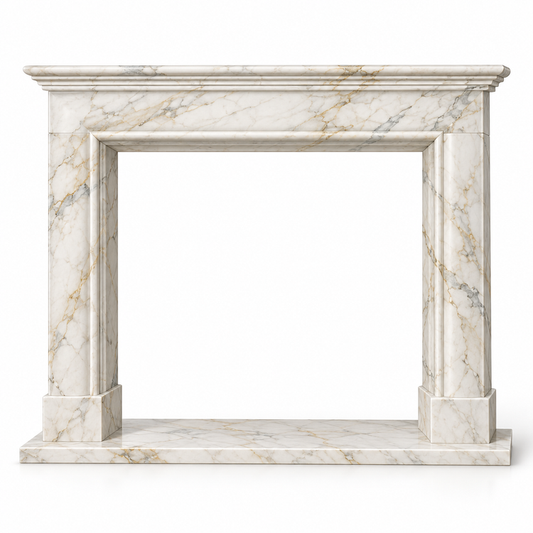 Calacatta Gold Classic Shelf Bolection Marble Fireplace Mantel with Hearth on white background