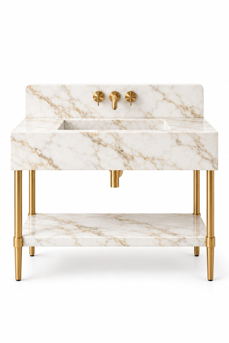 Calacatta Gold marble console bathroom vanity with straight backsplash, matching marble shelf and brass finish legs, white background digital design visualization