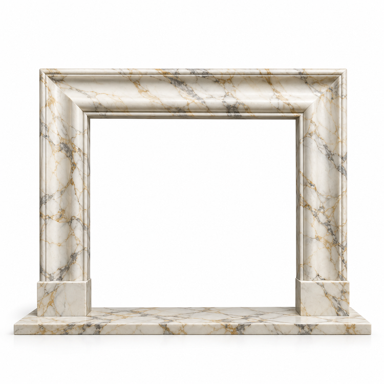 Calacatta Gold Coved Frame Marble Fireplace Mantel with Hearth on white background