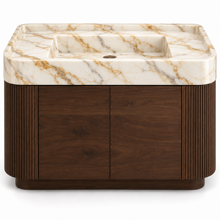 Calacatta Gold integrated sink with curved dark walnut vanity and fluted sides, front view