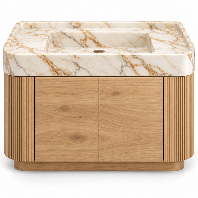 Calacatta Gold integrated sink with curved natural oak vanity and fluted sides, front view