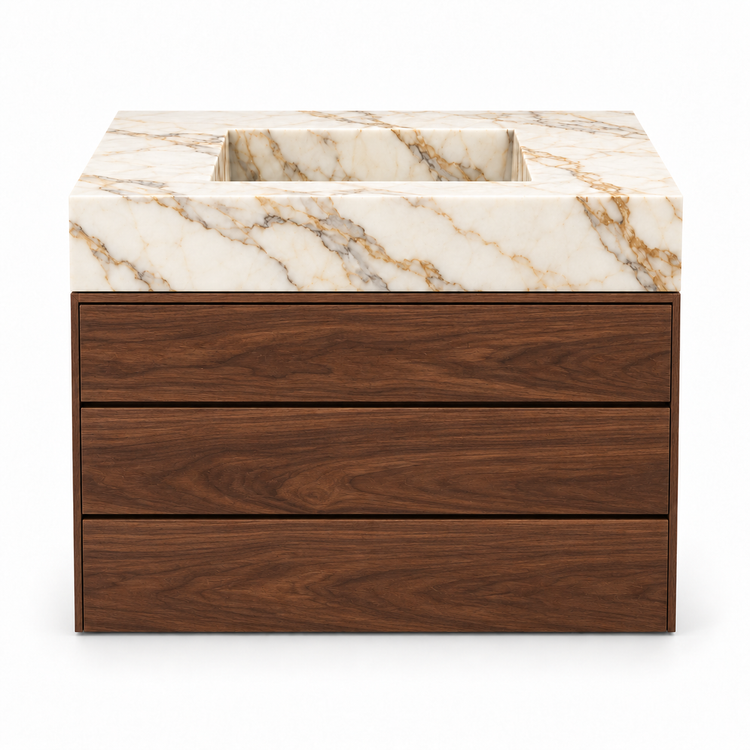 Calacatta Gold integrated stone sink with dark walnut three-drawer vanity, front view