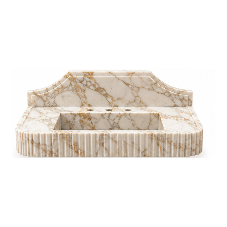Calacatta Gold fluted marble sink with sculpted arched backsplash and integrated basin on white background, design visualization