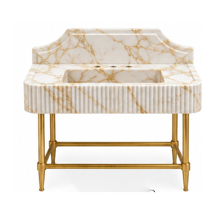 Calacatta Gold fluted marble console sink with curved backsplash and brass legs, white background digital design visualization