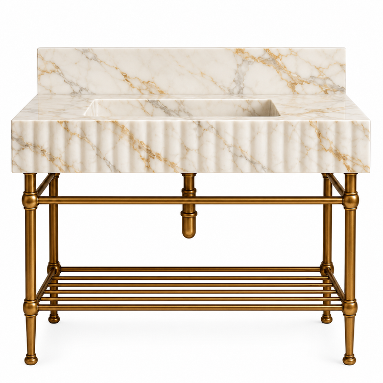 Calacatta Gold fluted console sink, backsplash and brass rack shelf, front view