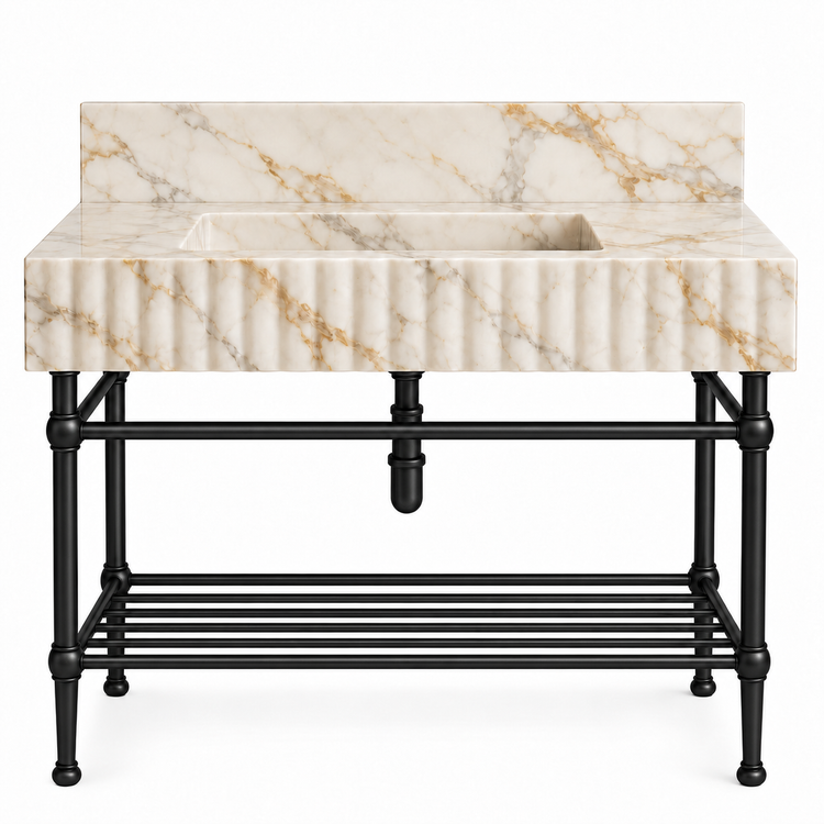 Calacatta Gold fluted sink with matte black console legs and lower shelf, front view