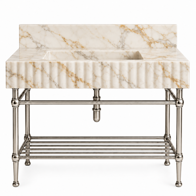 Calacatta Gold fluted console sink in Polished Nickel