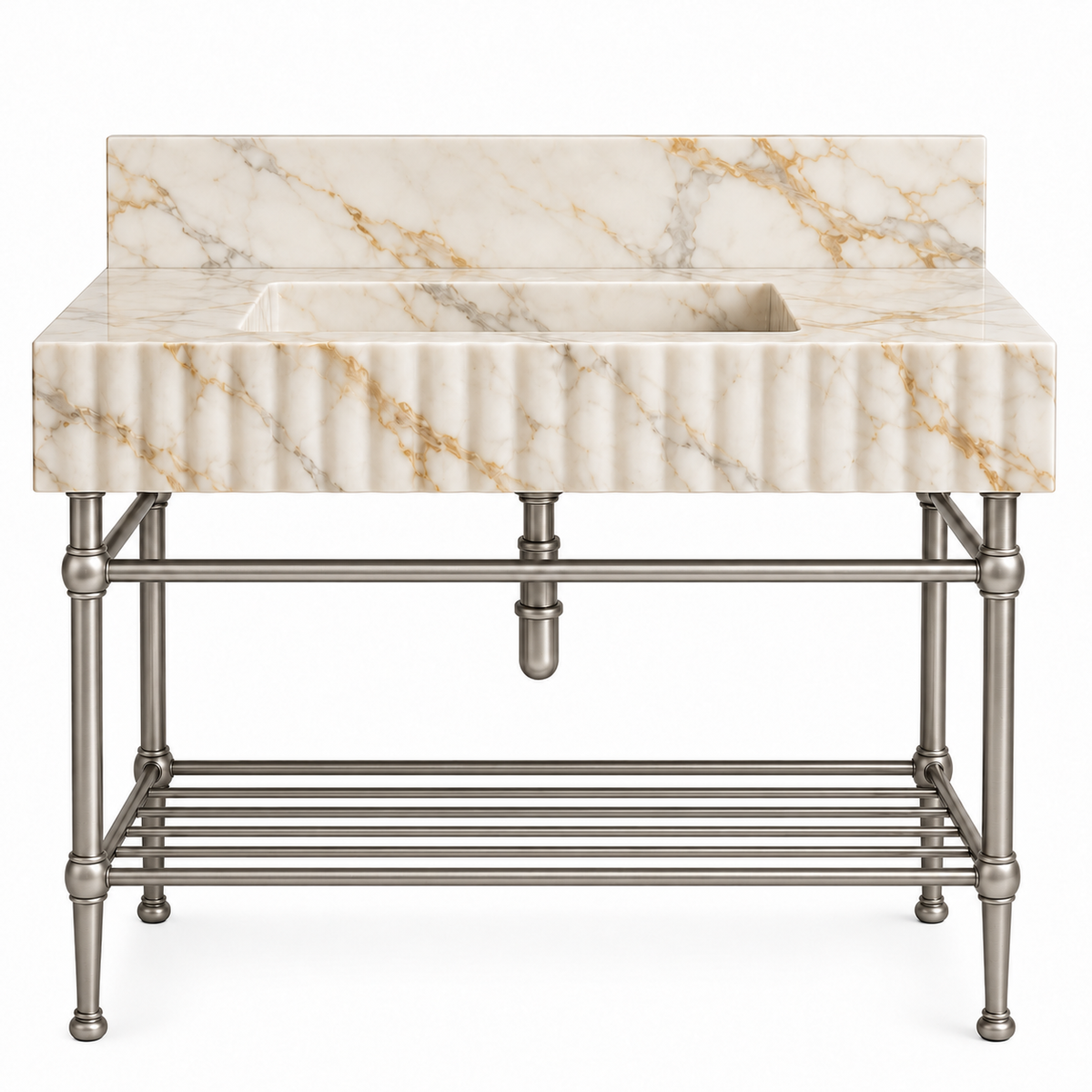 Calacatta Gold fluted console sink in Satin Nickel