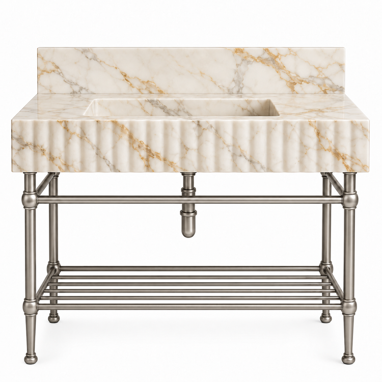 Calacatta Gold fluted console sink in Satin Nickel