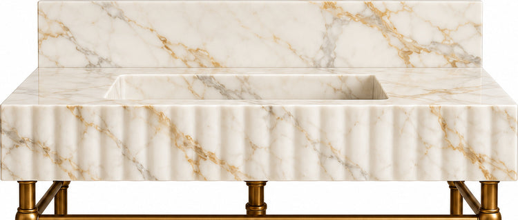 Calacatta Gold Marble Fluted Console Sink with Backsplash and Metal Legs and Rack Shelf - basin and stone apron detail