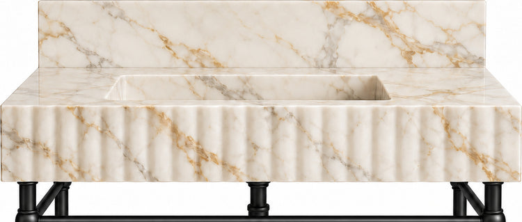Calacatta Gold Marble Fluted Console Sink with Backsplash and Matte Black Legs - basin and stone apron detail