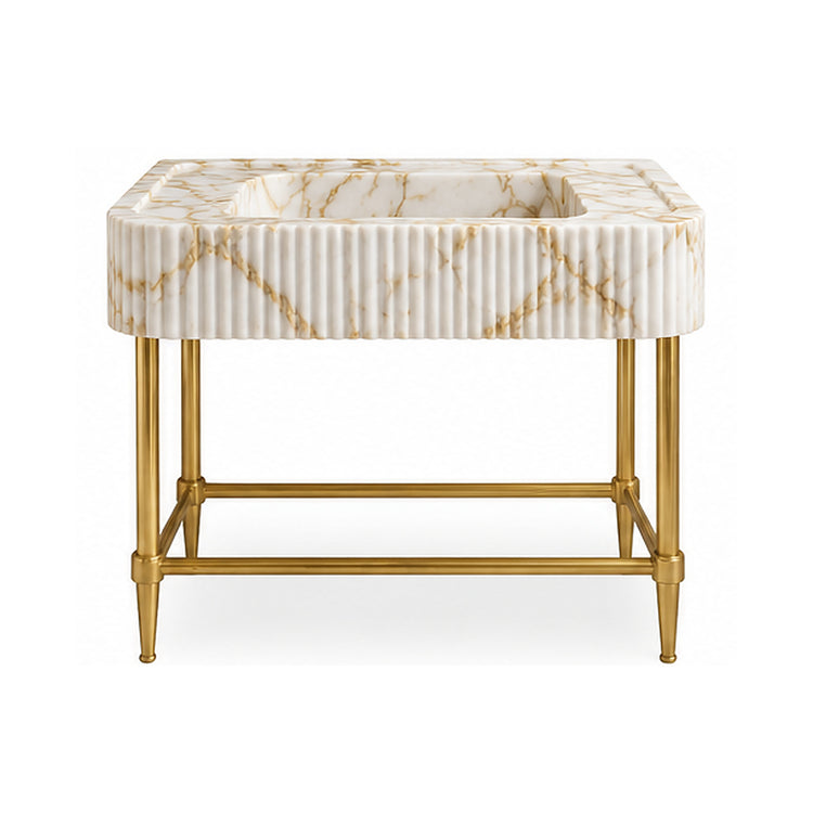 Calacatta Gold fluted integrated marble sink vanity with brass finish metal console legs, product design visualization on white background