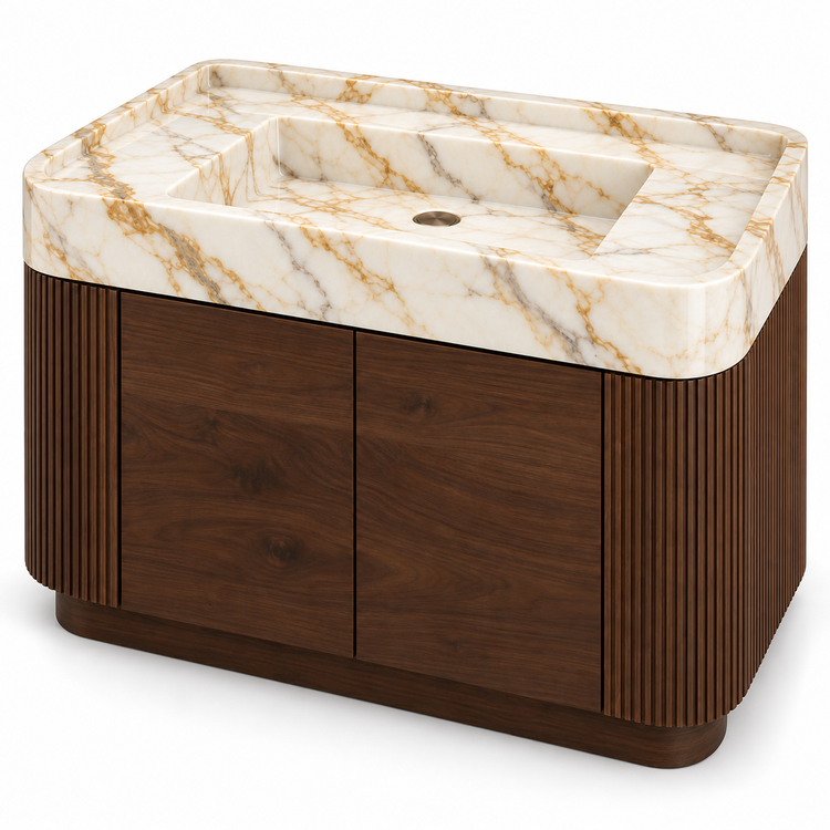 Calacatta Gold Integrated Marble Sink with Curved Dark Walnut Vanity, alternate angle on white, design rendering