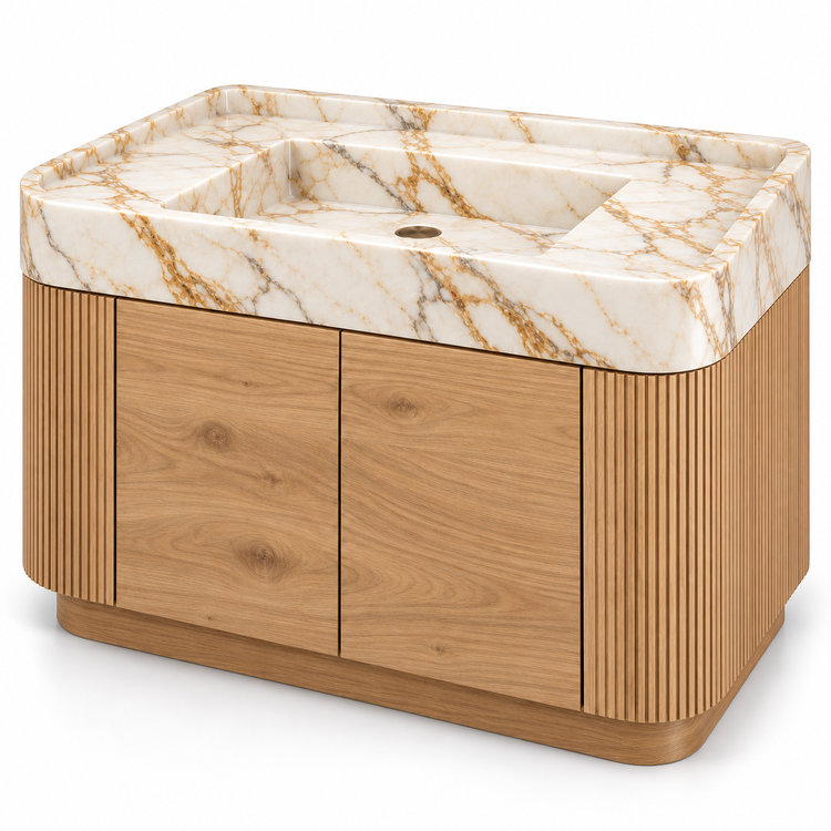 Calacatta Gold Integrated Marble Sink with Curved Oak Vanity, three-quarter view on white, design rendering