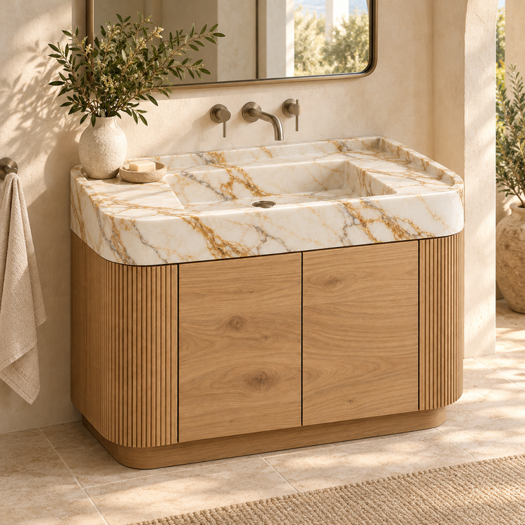Calacatta Gold Integrated Marble Sink with Curved Oak Vanity, styled bathroom view, design rendering