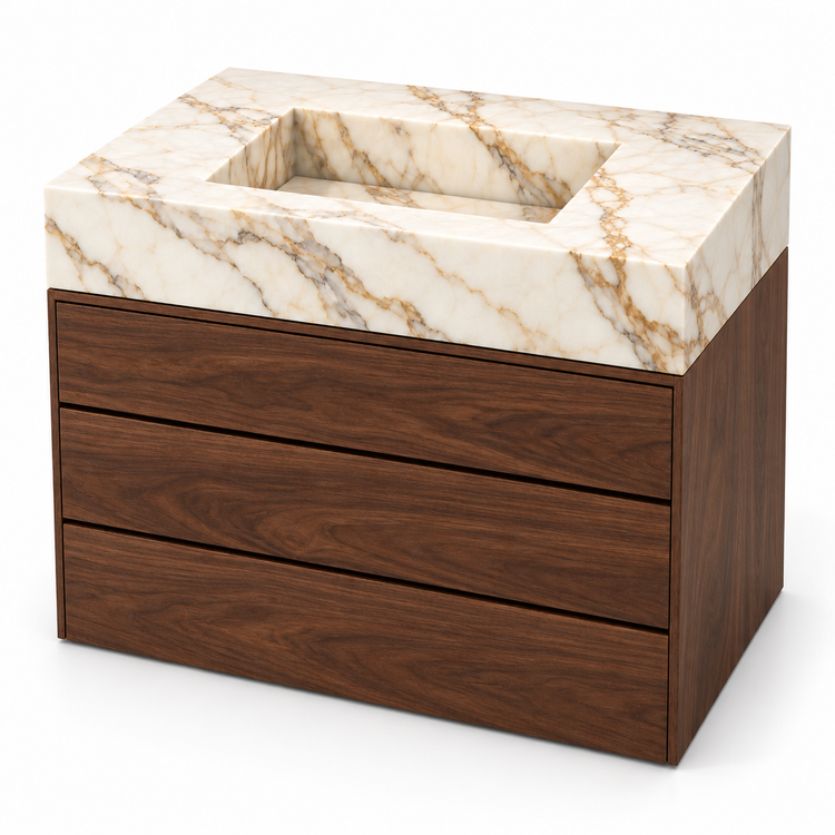 Calacatta Gold Integrated Marble Sink with Three-Drawer Dark Walnut Vanity, three-quarter view on white, design rendering