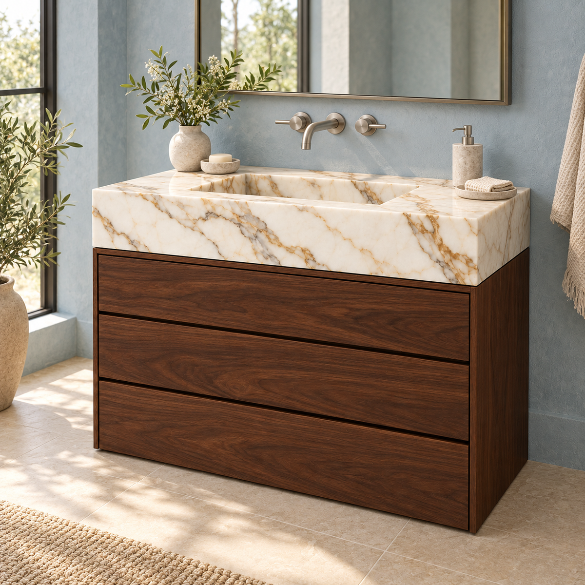 Calacatta Gold Integrated Marble Sink with Three-Drawer Dark Walnut Vanity, styled bathroom with complementary wall color, design rendering