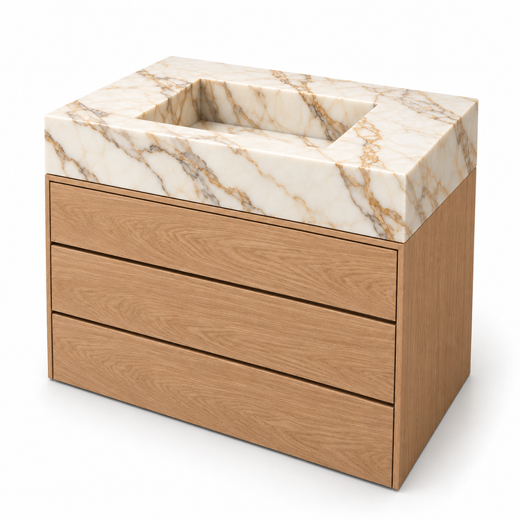 Calacatta Gold Integrated Marble Sink with Three-Drawer Oak Vanity, three-quarter view on white, design rendering