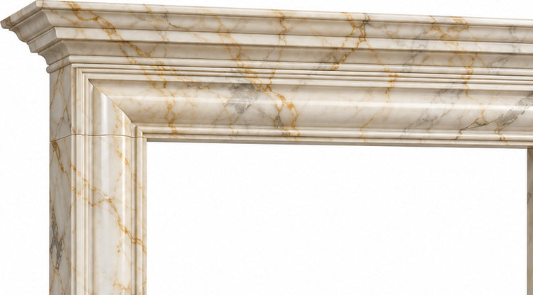 Calacatta Gold Layered Cornice Bolection Marble Fireplace Surround - upper mantel and carved profile detail