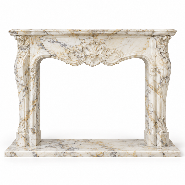 Calacatta Gold Louis XV Carved Marble Fireplace Mantel with Hearth on white background