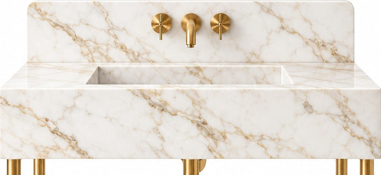 Calacatta Gold Marble Console Vanity with Brass Legs, Shelf & Backsplash - basin and stone apron detail