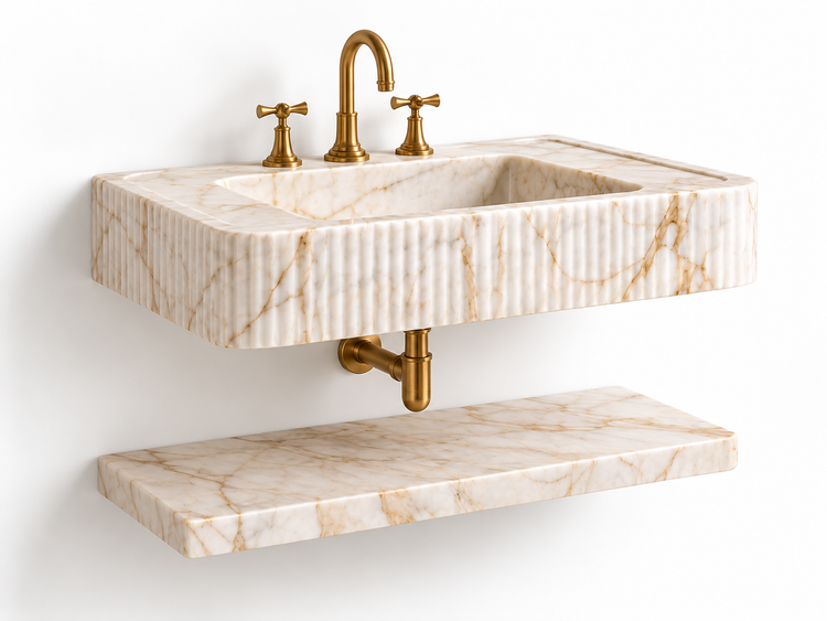 Calacatta Gold Marble Sink with Shelf, side view (design rendering)