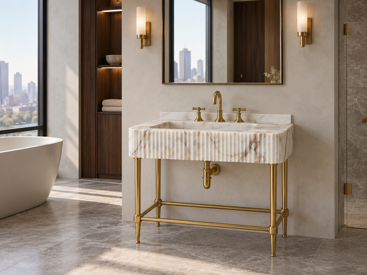 Calacatta Gold Marble Sink Vanity with Brass Legs, installed room view (design rendering)