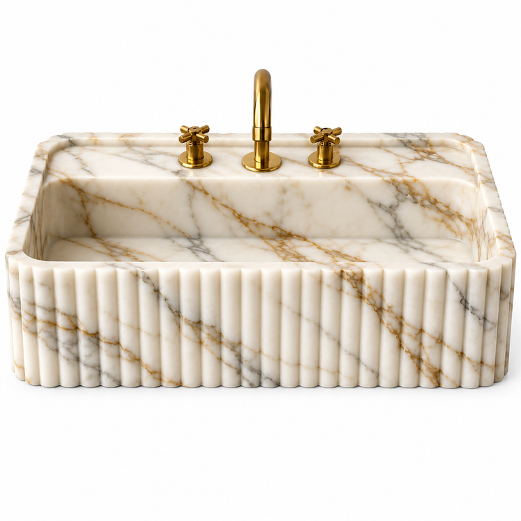 Calacatta Gold Marble rounded fluted bathroom sink, illustrative rendering