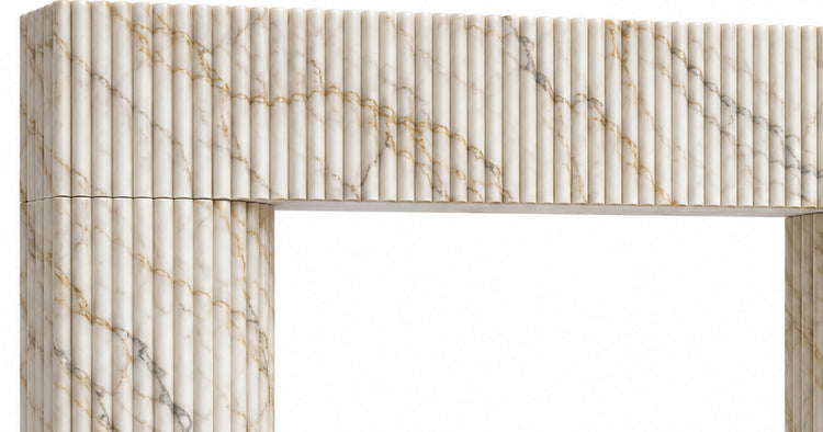 Calacatta Gold Sculptural Reeded Marble Fireplace Surround - upper mantel and carved profile detail