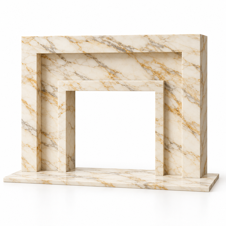 Calacatta Gold Stepped Portal Marble Fireplace Surround with Hearth on white background