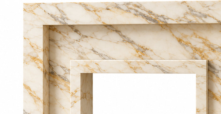 Calacatta Gold Stepped Portal Marble Fireplace Surround with Hearth - upper mantel and carved profile detail