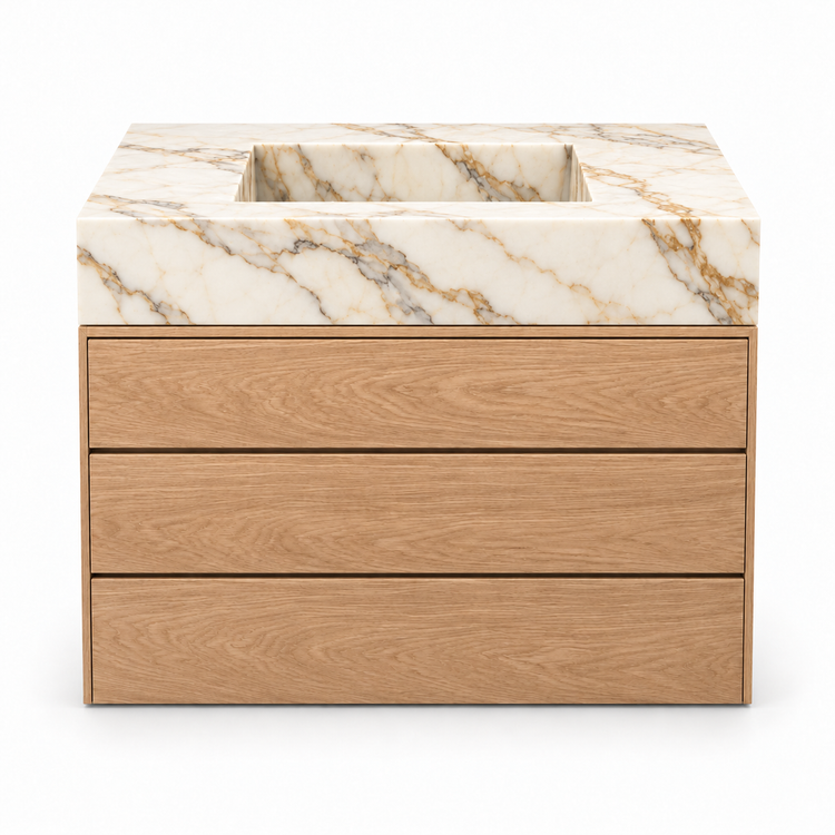 Calacatta Gold integrated sink and oak three-drawer vanity, front view