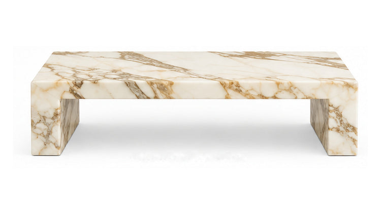 Design rendering of Calacatta Gold rectangular natural stone waterfall coffee table