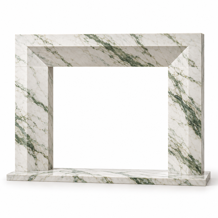 Calacatta Green Chamfered Frame Marble Fireplace Surround with Hearth on white background