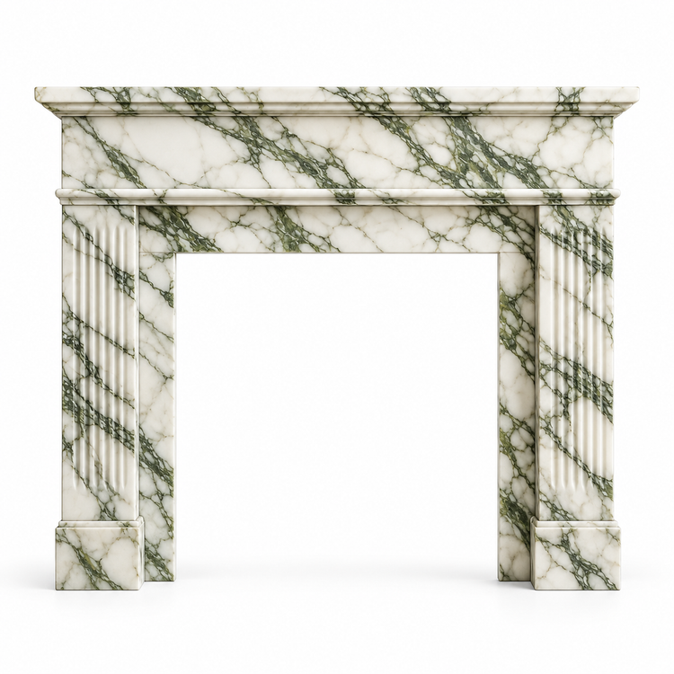 Calacatta Green Classic Fluted Marble Fireplace Mantel on white background