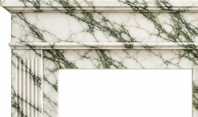 Calacatta Green Classic Fluted Marble Fireplace Mantel - upper mantel and carved profile detail