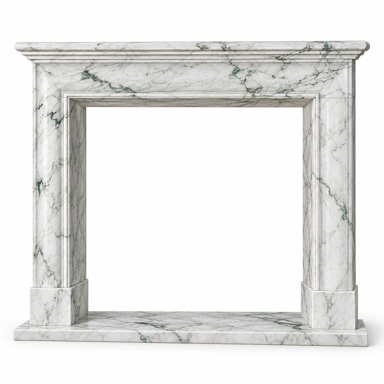Calacatta Green Classic Shelf Bolection Marble Fireplace Mantel with Hearth on white background
