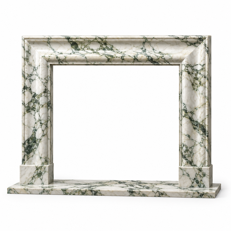 Calacatta Green Coved Frame Marble Fireplace Mantel with Hearth on white background