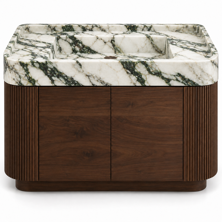 Calacatta Green integrated sink with curved dark walnut vanity and fluted sides, front view