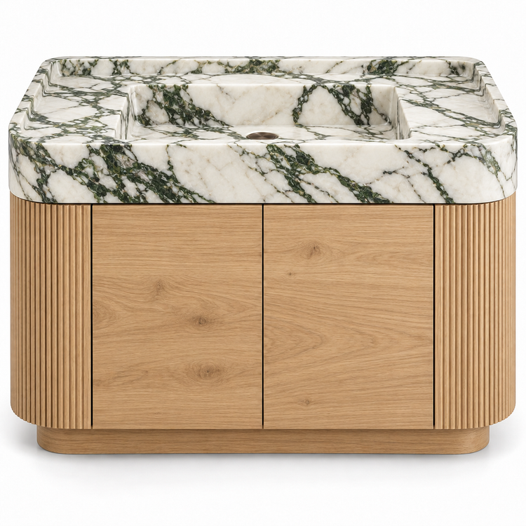 Calacatta Green integrated sink with curved natural oak vanity and fluted sides, front view