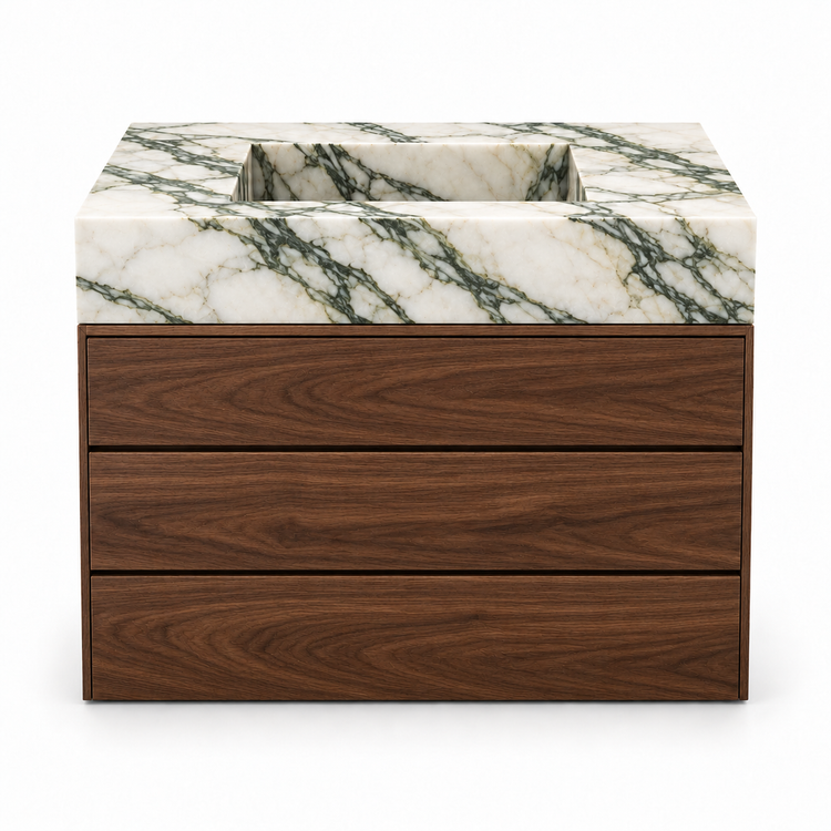 Calacatta Green integrated stone sink with dark walnut three-drawer vanity, front view