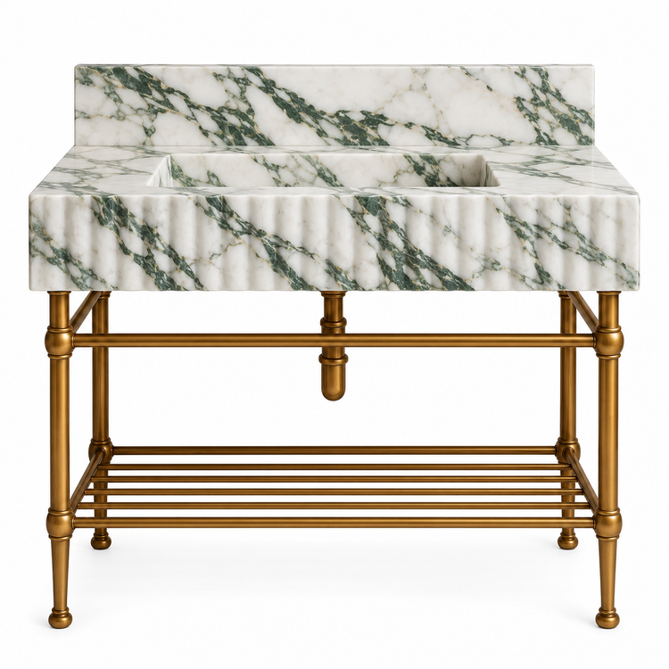 Calacatta Green fluted console sink, backsplash and brass rack shelf, front view