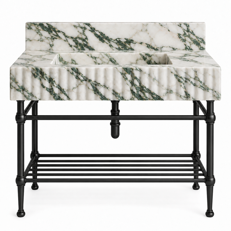 Calacatta Green fluted sink with matte black console legs and lower shelf, front view
