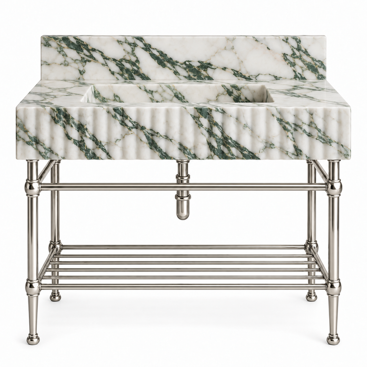 Calacatta Green fluted console sink in Polished Nickel