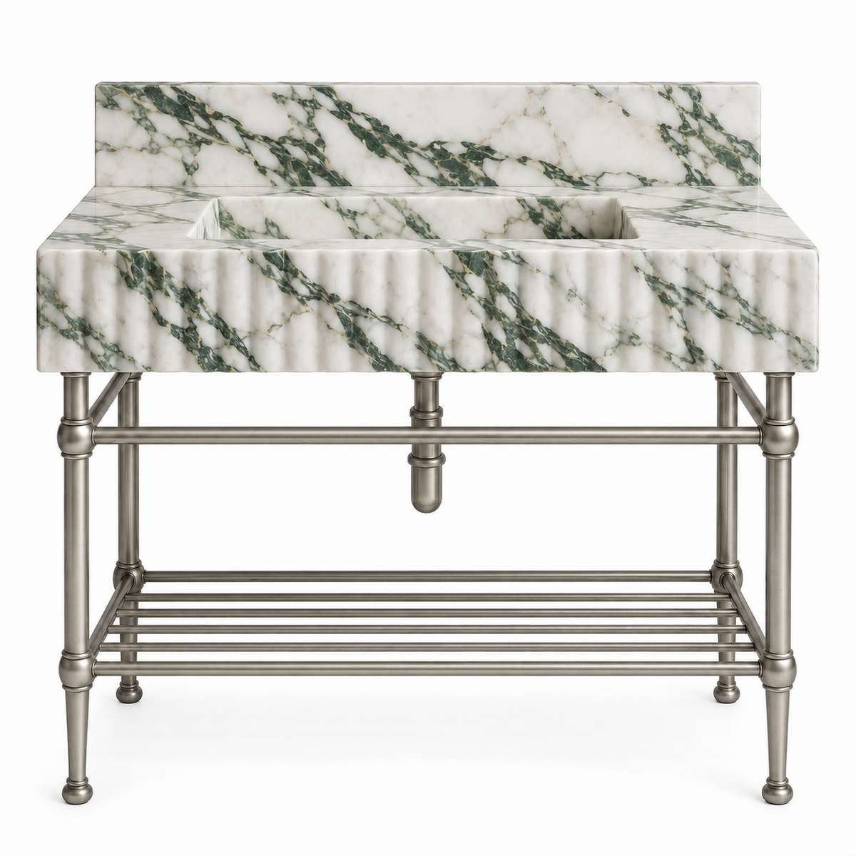 Calacatta Green fluted console sink in Satin Nickel