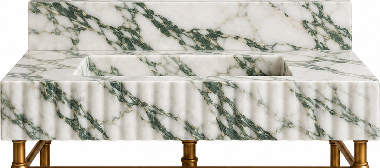 Calacatta Green Marble Fluted Console Sink with Backsplash and Metal Legs and Rack Shelf - basin and stone apron detail