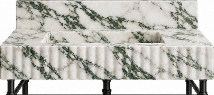 Calacatta Green Marble Fluted Console Sink with Backsplash and Matte Black Legs - basin and stone apron detail