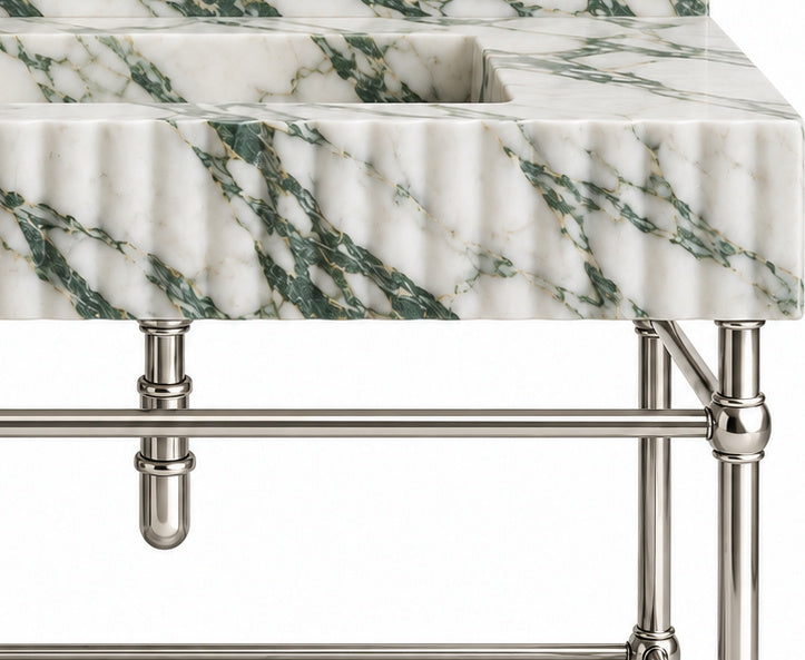 Calacatta Green Marble Fluted Console Sink with Backsplash and Nickel Legs - stone texture and metal support detail