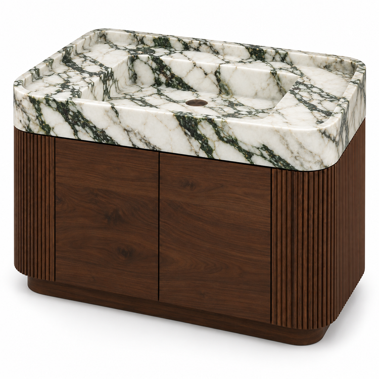 Calacatta Green Integrated Marble Sink with Curved Dark Walnut Vanity, alternate angle on white, design rendering
