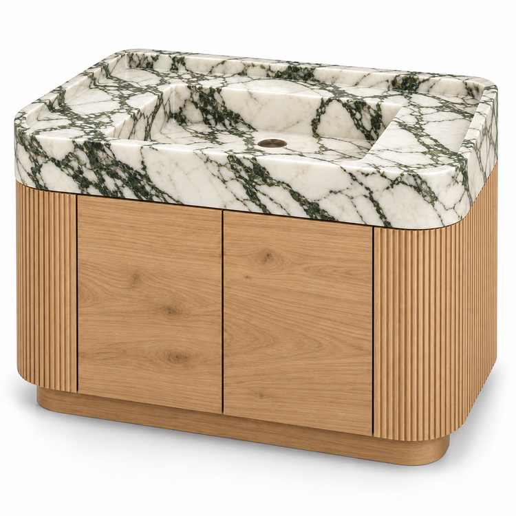 Calacatta Green Integrated Marble Sink with Curved Oak Vanity, three-quarter view on white, design rendering